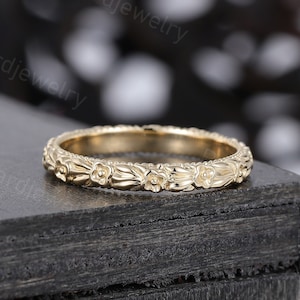 Unique Flower 10K/14K/18K Plain gold wedding band Solid ring Delicate woman ring Art deco band Bridal ring Promise ring Anniversary ring