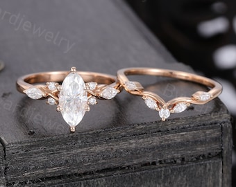 Delicate Marquise cut Moissanite engagement ring set Unique Marquise Diamond Rose gold wedding band Bridal ring Promise Anniversary ring