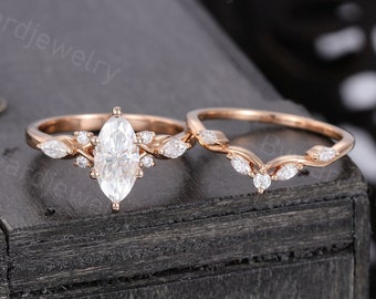 Delicate Marquise cut Moissanite engagement ring set Unique Diamond ring Rose gold ring set Bridal ring Promise ring Anniversary ring