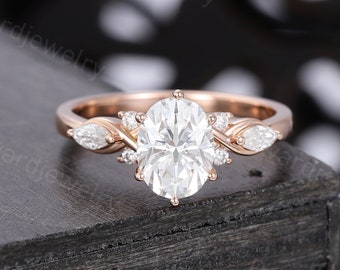 Oval Moissanite engagement ring Unique Rose gold engagement ring woman twig Marquise Diamond ring wedding Bridal Promise Anniversary ring