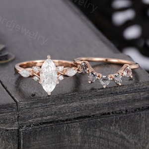 Marquise cut Moissanite engagement ring set Unique Black Rutilated Quartz Rose gold wedding ring Bridal set Promise Anniversary gift for her
