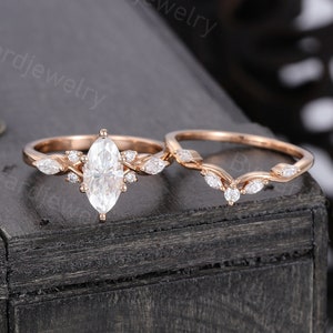 Delicate Marquise cut Moissanite engagement ring set Unique Diamond ring Rose gold ring set Bridal ring Promise ring Anniversary ring