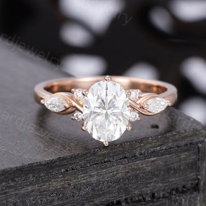 Oval Moissanite engagement ring Unique Rose gold engagement ring woman twig Marquise Diamond ring wedding Bridal Promise Anniversary ring