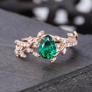 Pear shaped Emerald engagement ring Unique Leaf ring Rose gold Moissanite engagement ring Twig Diamond Bridal ring Promise Anniversary ring