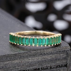 Baguette cut Emerald Wedding band Vintage Unique Yellow gold ring Half eternity band Stackable ring Matching Promise ring Anniversary ring