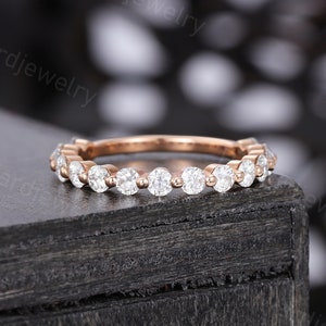 Moissanite Wedding band woman Vintage Unique rose gold Thin band 3/4 eternity band Bridal wedding Promise Anniversary ring gift for her