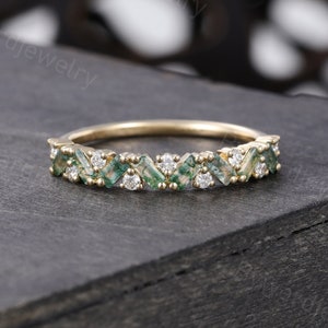 Baguette cut Moss Agate Wedding band Unique Yellow gold Diamond wedding band woman Half eternity Matching Promise Anniversary ring for her