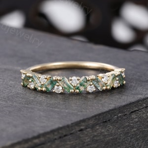 Baguette cut Moss Agate Wedding band Unique Yellow gold Diamond wedding band woman Half eternity Matching Promise Anniversary ring for her
