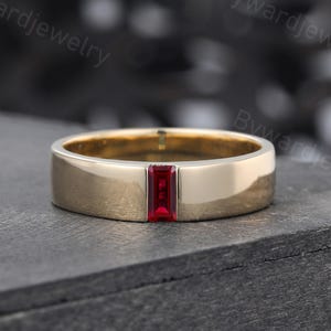 Baguette cut Ruby Wedding band Unique Solid Yellow Gold ring Vintage Plain ring Smooth ring Stackable ring Promise ring Anniversary ring