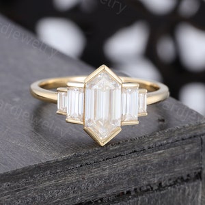 Long Hexagon cut Moissanite engagement ring Unique Yellow gold ring Vintage Baguette Diamond ring Bridal ring Promise ring Anniversary ring