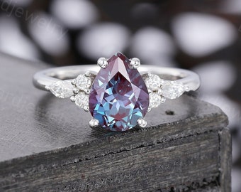 Pear shaped Alexandrite engagement ring Unique White gold engagement ring woman Antique Diamond wedding ring Bridal Promise Anniversary ring