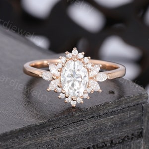 Oval Moissanite ring Rose gold engagement ring vintage Cluster ring Marquise cut ring Art deco ring wedding Bridal Promise Anniversary ring
