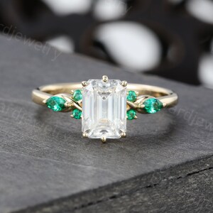 Emerald cut Moissanite engagement ring Unique Yellow gold Marquise Emerald engagement ring Antique wedding Bridal Promise Anniversary ring