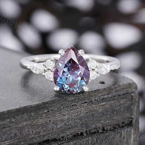Pear shaped Alexandrite engagement ring Unique White gold engagement ring woman Antique Diamond wedding ring Bridal Promise Anniversary ring