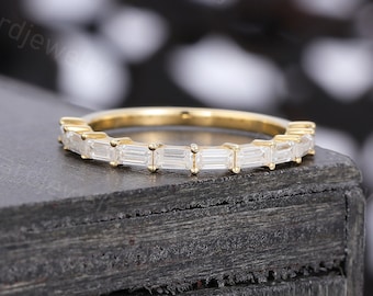 Baguette Moissanite Wedding band woman Vintage Unique Yellow gold Thin band  Half eternity Moissanite band Matching Promise Anniversary ring