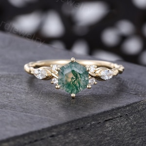 Hexagon cut Moss Agate engagement ring Unique Yellow gold 3/4 eternity twisted Moissanite Diamond ring Bridal ring Promise Anniversary ring