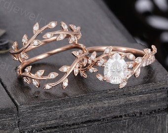 Unique Pear shaped Moissanite engagement ring set vintage Rose gold ring leaf ring set Twig band Bridal set promise ring Anniversary ring