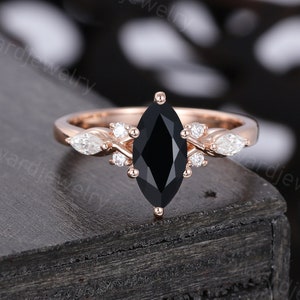 Marquise cut Black Onyx engagement ring Unique Rose gold ring Moissanite ring Antique Diamond wedding ring Promise ring Anniversary ring