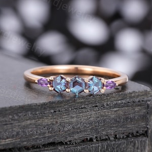 Hexagon Alexandrite Wedding band Vintage Marquise cut Amethyst Rose gold wedding band woman Matching Stackable Promise Anniversary ring