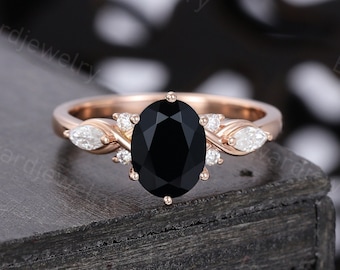 Oval cut Black onyx engagement ring Unique Rose gold engagement ring woman Antique Diamond wedding ring Bridal Promise Anniversary ring