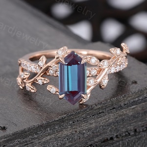 Long hexagon cut Alexandrite engagement ring Vintage Leaf ring Rose gold Moissanite ring Diamond wedding ring Promise ring Anniversary ring