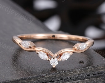 Marquise cut Moissanite Curved Wedding band Unique Rose Gold Diamond ring Matching band Stackable ring Promise ring Anniversary ring gift