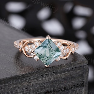 Princess cut Moss Agate engagement ring Unique Rose gold Moissanite Cluster ring vintage Diamond Bridal ring Promise ring Anniversary ring