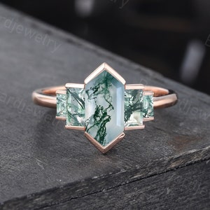 Long Hexagon cut Moss Agate engagement ring Unique 14k Rose gold ring Vintage Baguette cut ring Bridal ring Promise ring Anniversary ring
