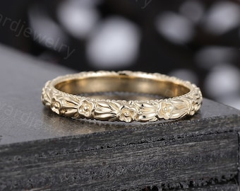 Unique Flower 14K/18K Plain gold wedding band Delicate woman wedding band Art deco band Bridal wedding Promise Anniversary ring for her