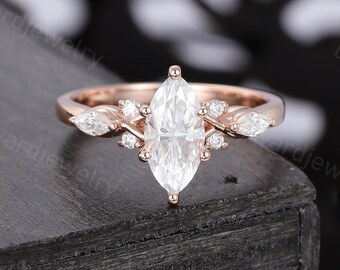 Marquise cut Moissanite ring Unique Rose gold engagement ring woman vintage bridal Cluster ring wedding Promise dainty Anniversary ring gift