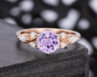 Vintage Amethyst engagement ring Unique Rose gold Moissanite ring Antique Diamond wedding ring Bridal ring Promise ring Anniversary ring