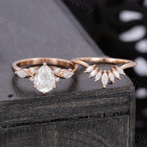 Pear shaped Moissanite engagement ring set Unique Marquise cut Rose gold engagement ring woman wedding set Bridal promise Anniversary ring