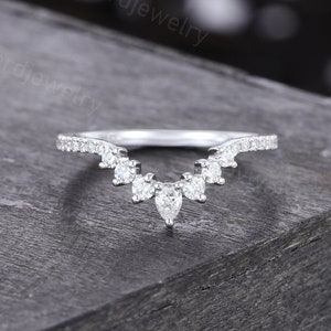 Pear shaped Moissanite Curved Wedding band Vintage Unique white gold ring woman Diamond Matching Stackable ring Promise Anniversary ring