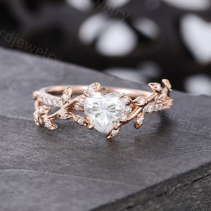 Unique Heart cut Moissanite engagement ring Vintage Rose gold engagement ring Diamond ring Leaf wedding Bridal Promise Anniversary ring