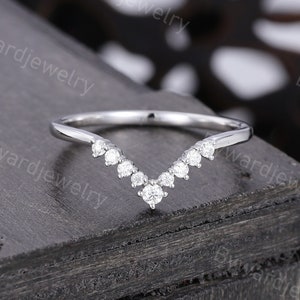Delicada banda de boda curvada Moissanite Vintage 14k oro blanco banda de boda mujer Diamond Matching Anillo apilable Promesa Anillo de aniversario