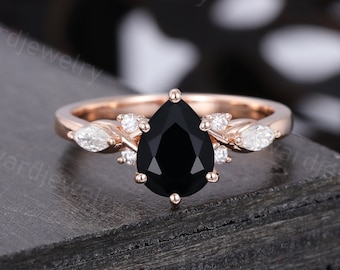 Pear Shaped Black Onyx engagement ring Unique Rose gold engagement ring woman Antique Diamond wedding ring Bridal Promise Anniversary ring