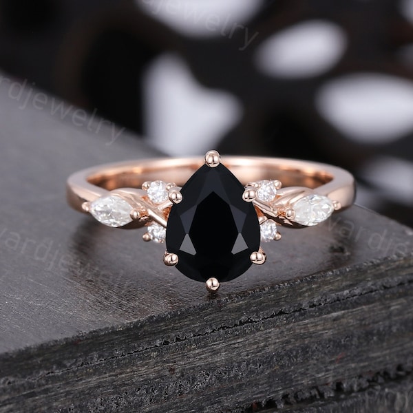 Pear Shaped Black Onyx engagement ring Unique Rose gold engagement ring woman Antique Diamond wedding ring Bridal Promise Anniversary ring