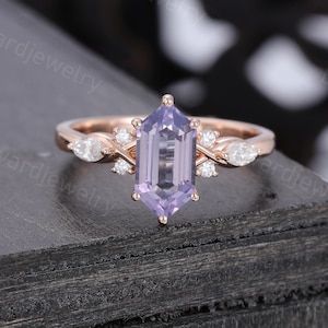 Elongated Hexagon cut Lavender Amethyst engagement ring Delicate Marquise Moissanite ring Rose gold Diamond ring Promise Anniversary ring