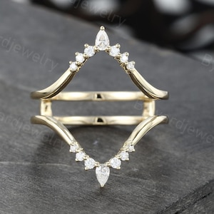 Unique Pear shaped Moissanite Double Curved Wedding band Vintage yellow gold diamond ring Matching ring Promise ring Anniversary ring