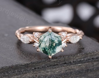 Hexagon cut Moss Agate engagement ring Unique Rose gold 3/4 eternity twisted Moissanite ring Diamond Bridal ring Promise Anniversary ring