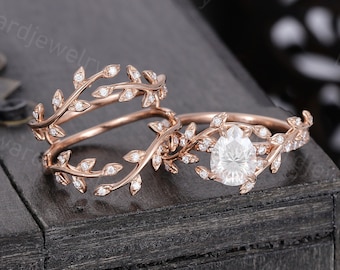 Unique Leaf Pear shaped Moissanite engagement ring set Twig Rose gold engagement ring woman wedding set Bridal promise Anniversary gift