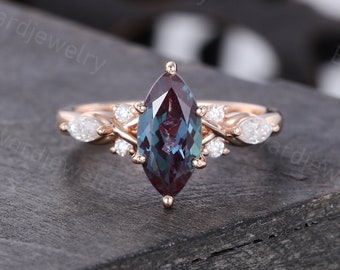 Marquise cut Alexandrite engagement ring Unique Rose gold ring woman Antique Diamond wedding ring Bridal ring Promise ring Anniversary ring