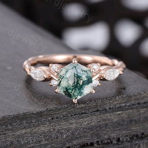 Hexagon cut Moss Agate engagement ring Unique Rose gold 3/4 eternity twisted Moissanite ring Diamond Bridal ring Promise Anniversary ring