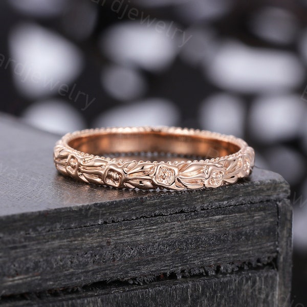 Unique flower rose gold wedding band Delicate woman wedding band Art deco band Bridal wedding Promise Anniversary ring gift for her