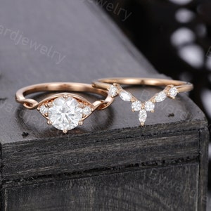 Moissanite engagement ring Unique Rose gold engagement ring set Twist ring Diamond wedding Bridal set Promise Anniversary ring gift for her