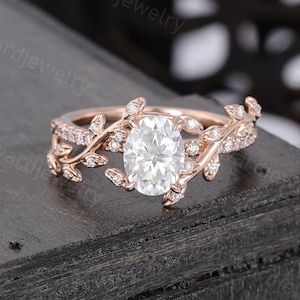 Unique Leaf Oval Moissanite engagement ring 14k rose gold Twig engagement ring woman Diamond ring wedding Bridal Promise Anniversary ring