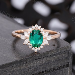 Ovalschliff Smaragd Verlobungsring Einzigartige Rose Gold Cluster Moissanite Ring Art-Deco-Diamantring Marquiseschliff Brautversprechen Jahrestagsring