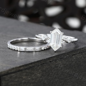 Elongated Hexagon cut Moissanite engagement ring set Unique White gold Baguette cut Diamond wedding band Bridal ring set Anniversary gift