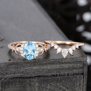 Oval cut Aquamarine engagement ring set Unique rose gold Moissanite ring Pear shaped Diamond wedding set Bridal promise Anniversary ring