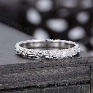 Unique White gold wedding band Delicate Plain gold Filigree wedding band Art deco band Bridal wedding ring Promise Anniversary gift for her
